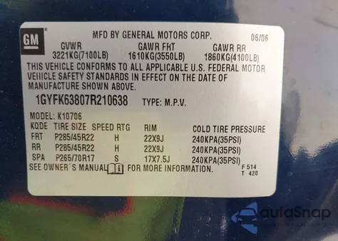 2007 Cadillac Escalade Standard from USA, damaged, VIN 1GYFK63807R210638